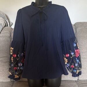 Embroidered Navy Blouse with Floral Sleeves size Small